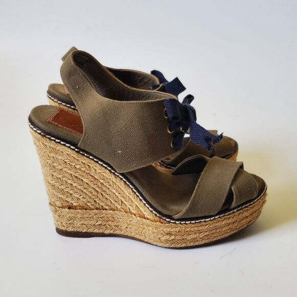 Tori Burch Canvas Espadrille Sandals Khaki Green Jute Wedge Open Toe Summer - Picture 2 of 12
